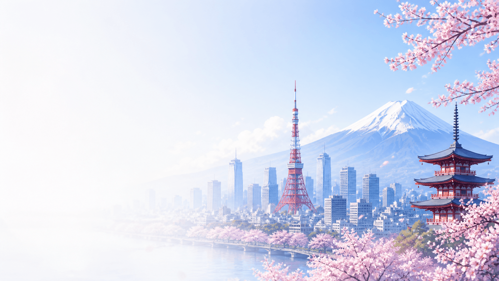 Mount Fuji, Tokyo Tower, cherry blossoms, and a traditional Japanese pagoda